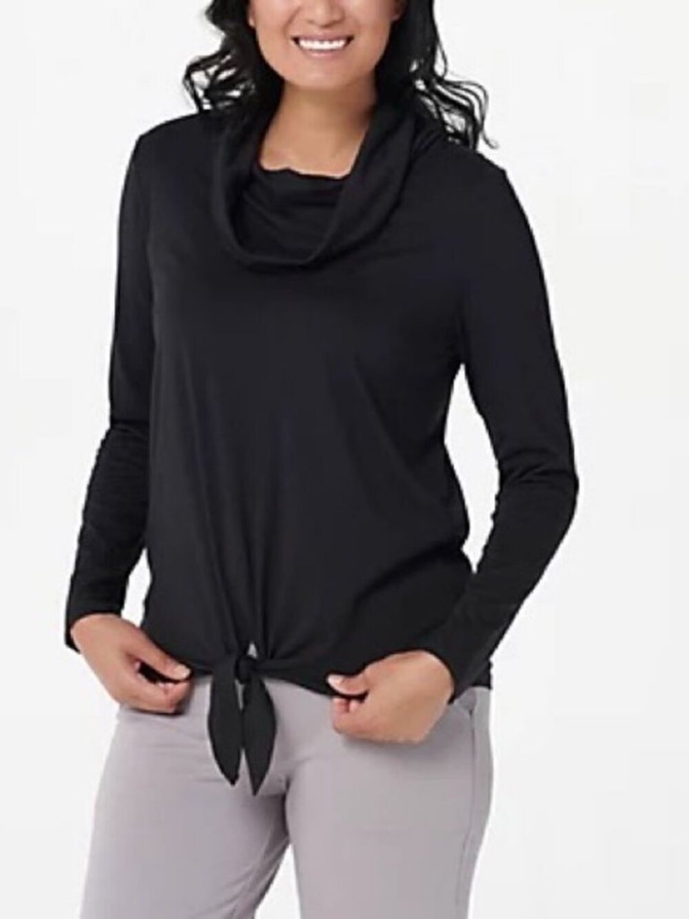 AnyBody Cozy Knit Jersey Cowl Neck Tie Front Top